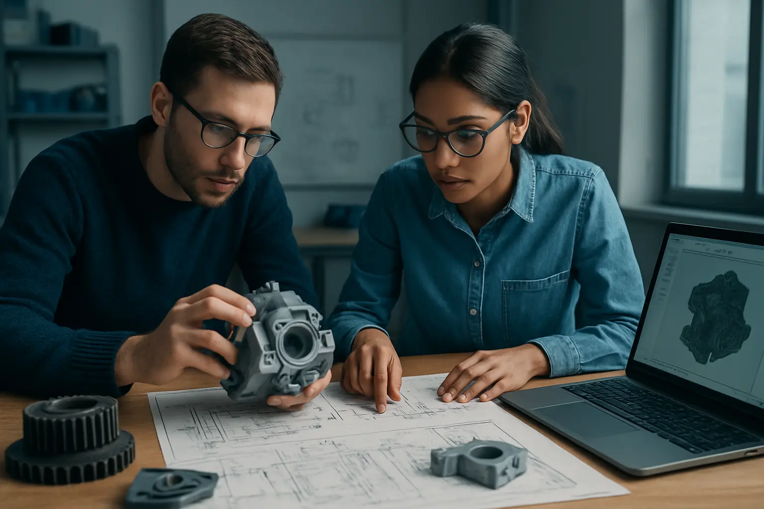 Doutorandos de engenharia a trabalhar com protótipos técnicos e desenhos de projeto