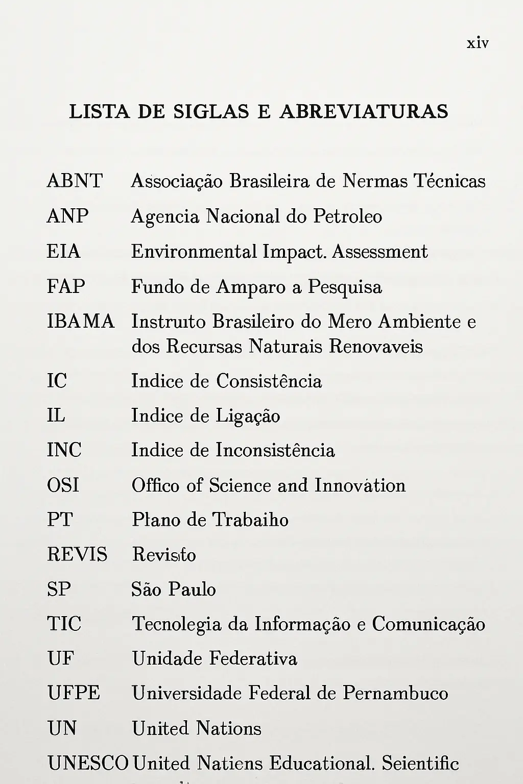 Exemplo de página de lista de siglas e abreviaturas numa tese académica