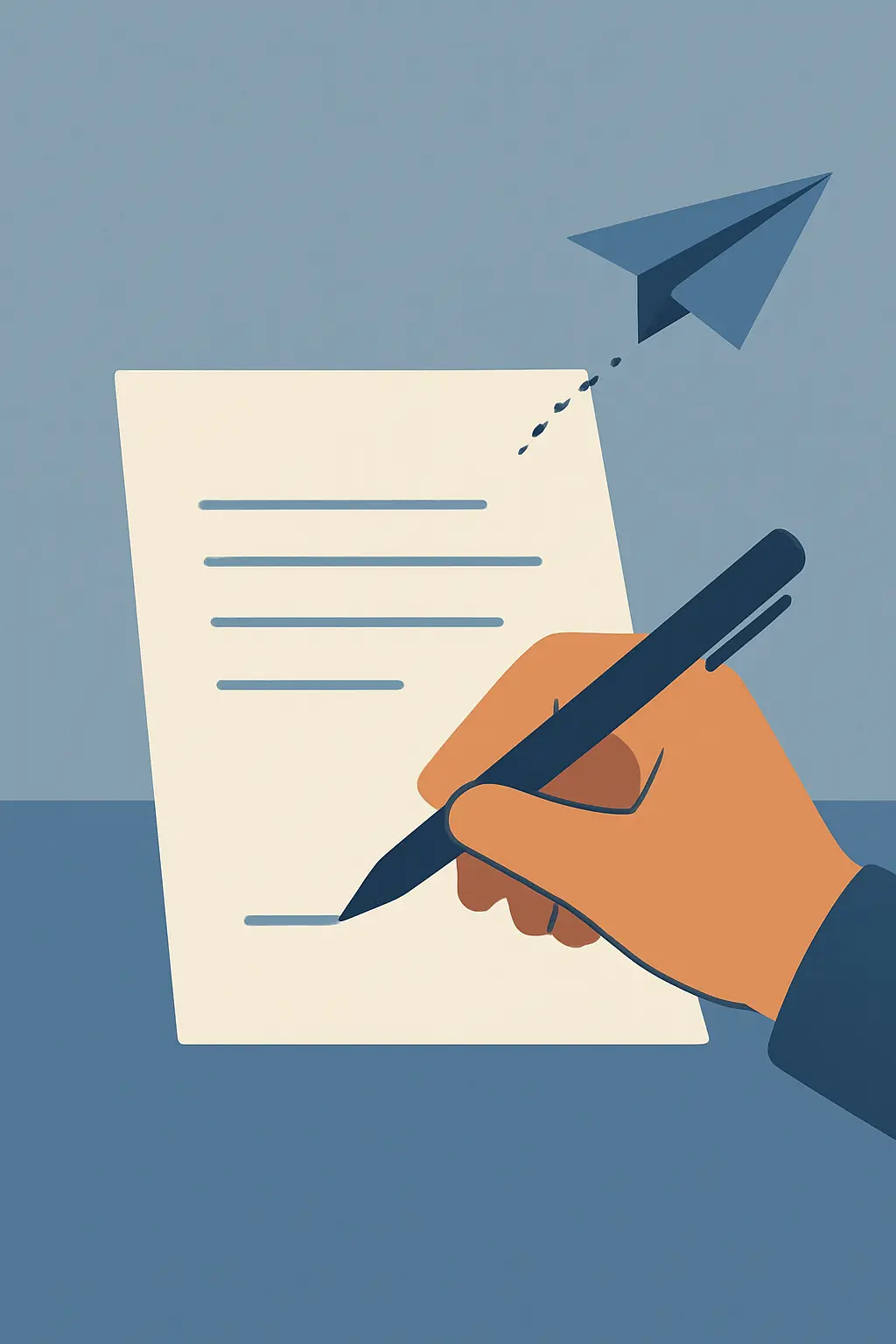 Ilustração de uma mão a escrever uma carta com um avião de papel a partir, representando o envio de um email de seguimento eficaz