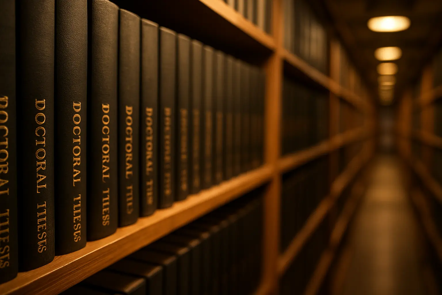 Teses impressas arrumadas numa estante de repositório universitário