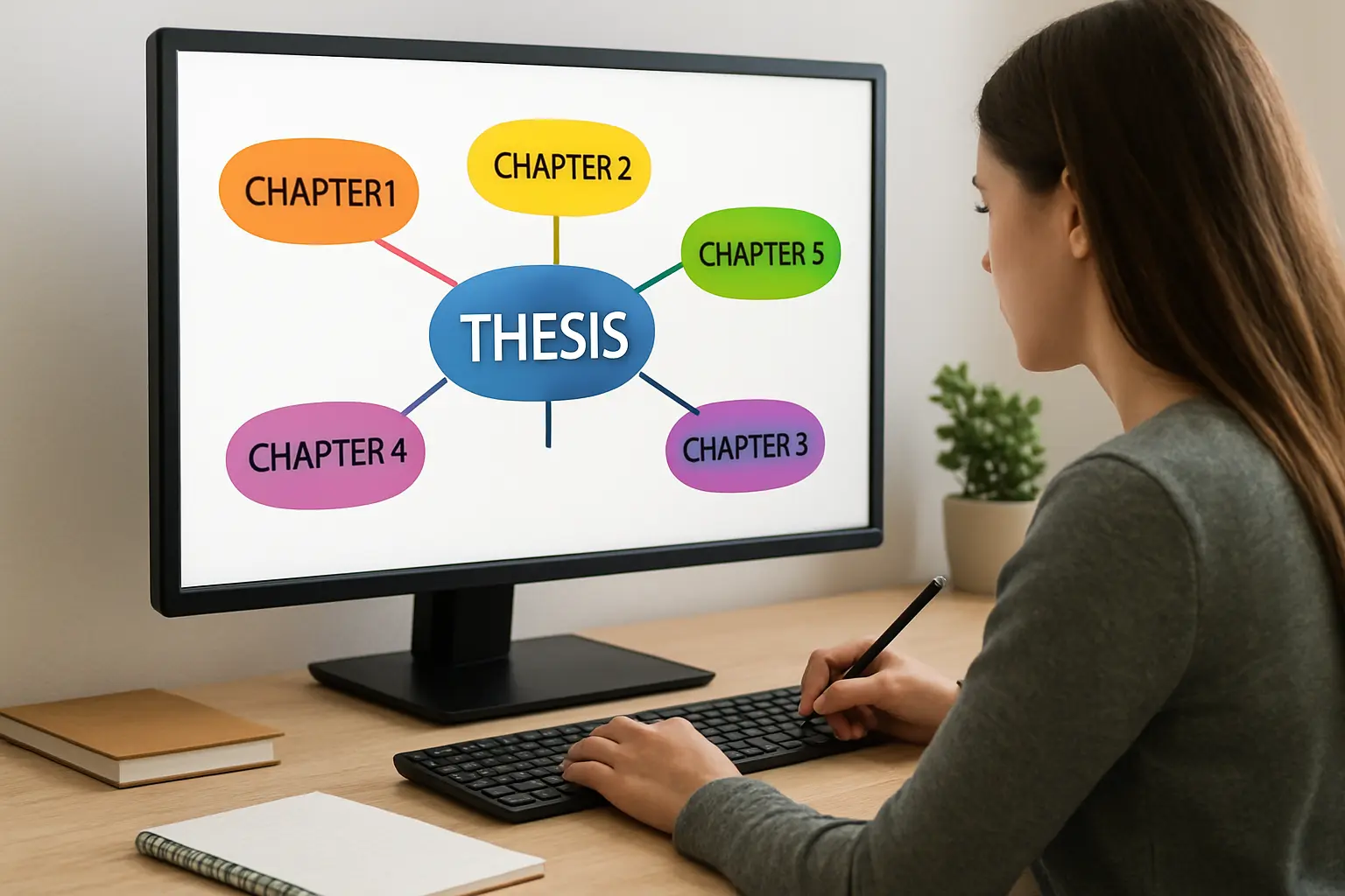 Estudante a organizar um mapa mental digital com ramos coloridos representando capítulos de uma tese