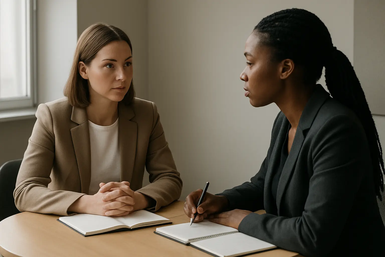 Sessao de supervisao entre estagiaria e supervisora de servico social num gabinete