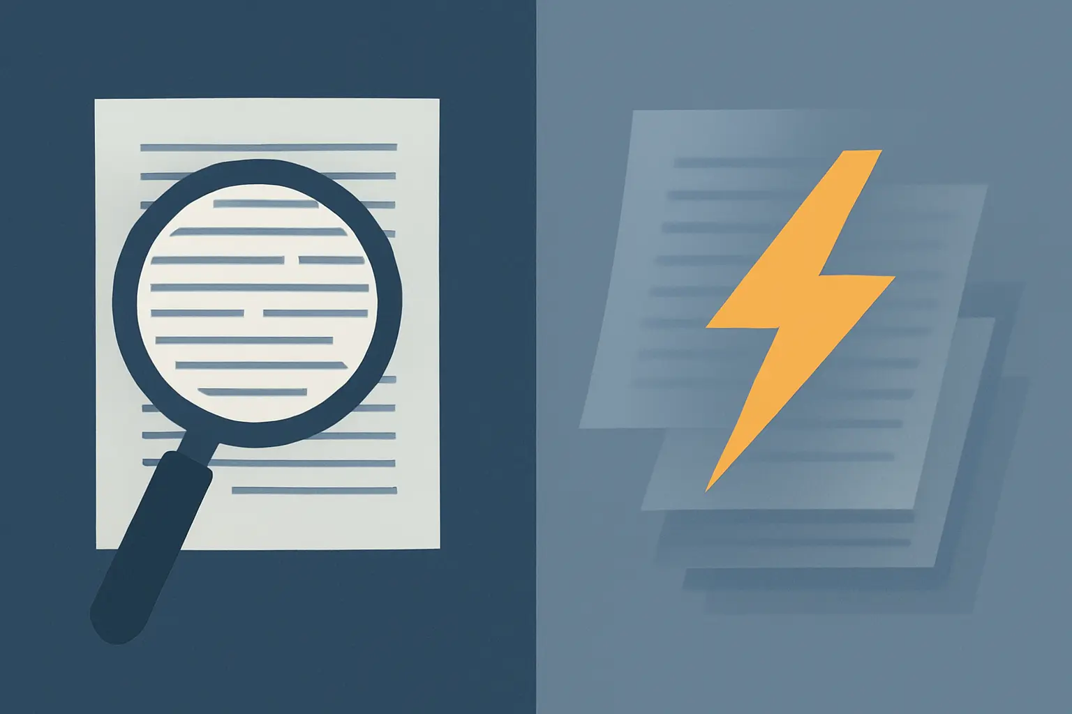 Ilustração comparando a leitura crítica aprofundada com o resumo rápido por inteligência artificial