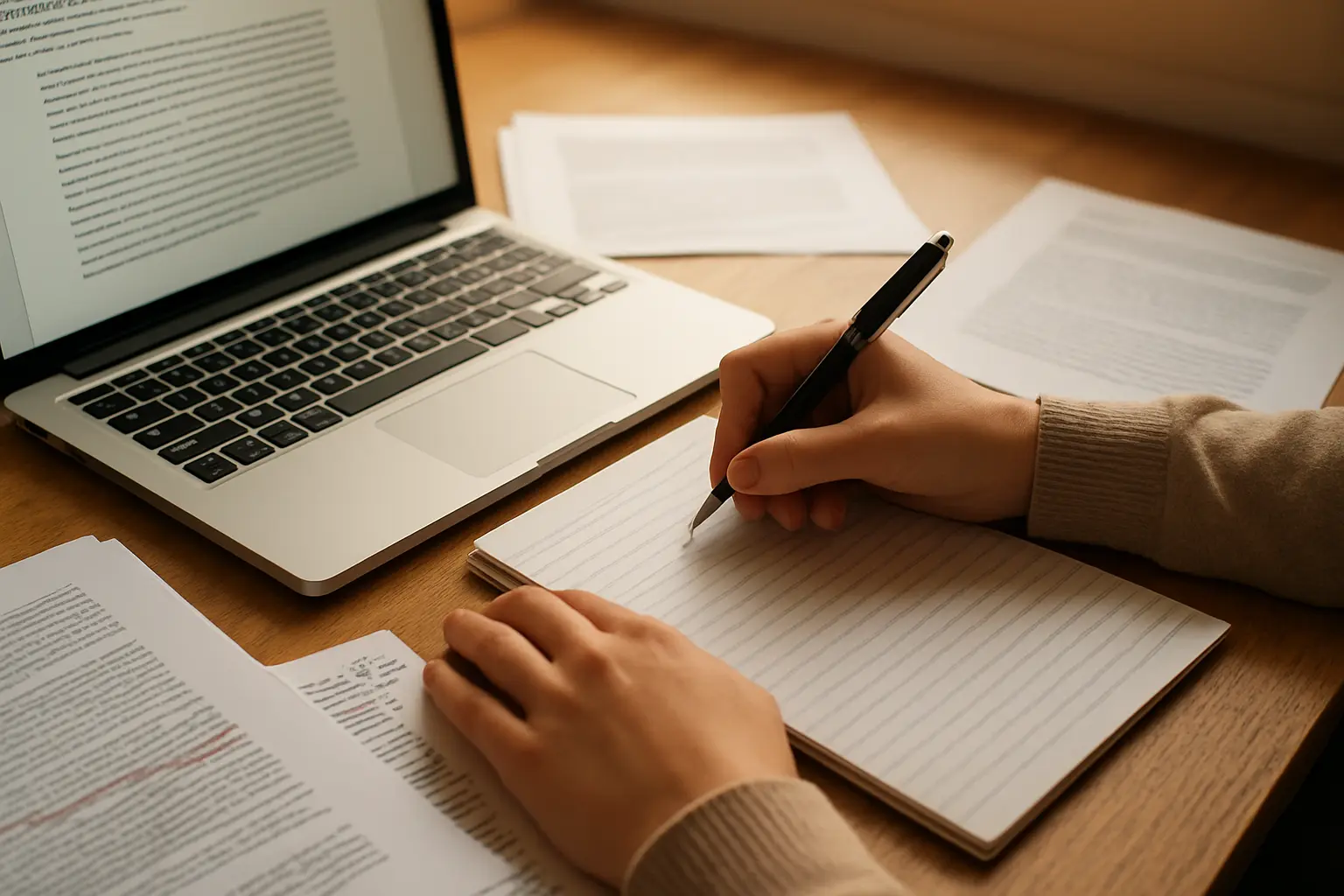Estudante a redigir e a rever o capítulo de discussão da tese, comparando os resultados com a literatura anotada