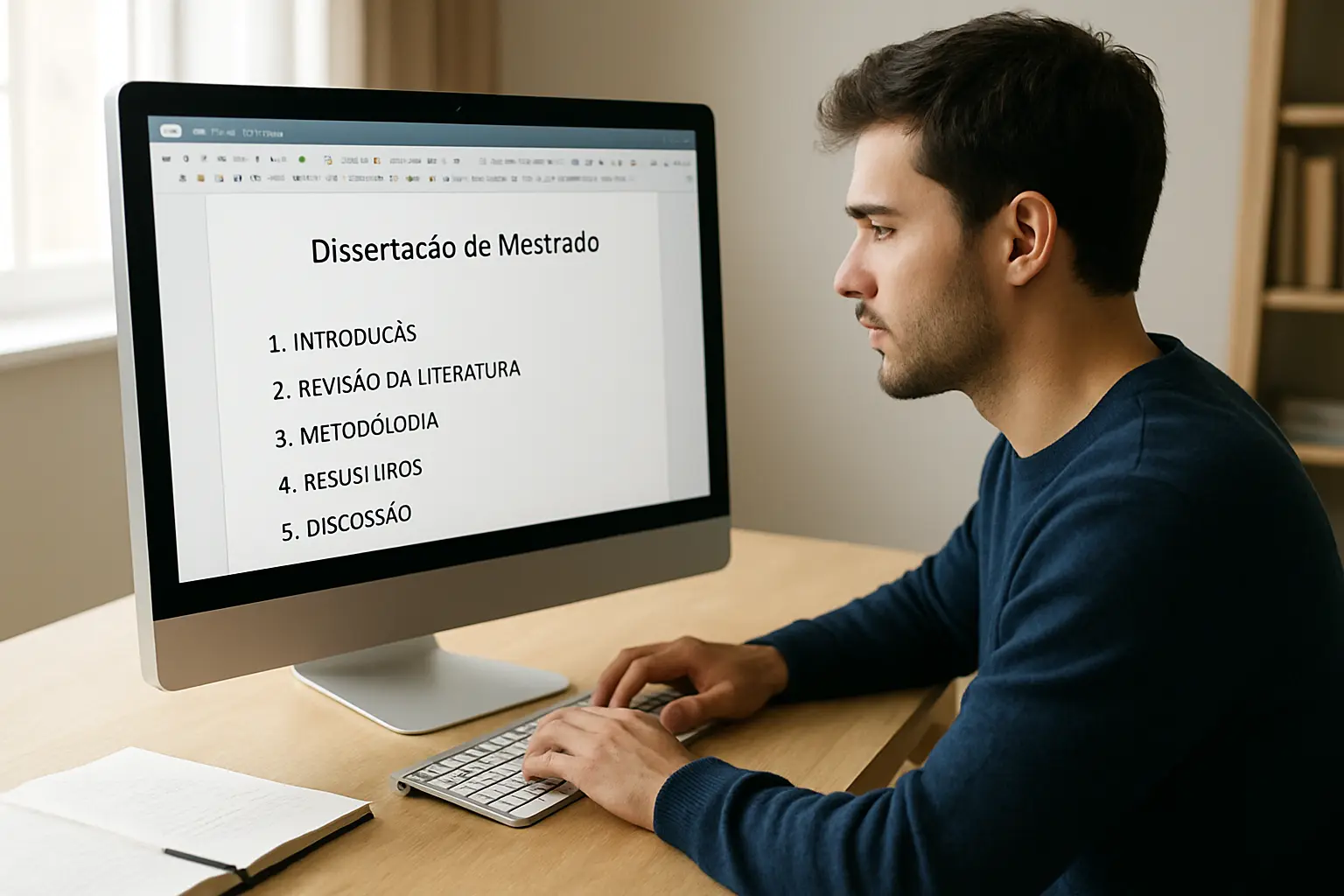 Estudante português a organizar capítulos da dissertação de mestrado no ecrã do Tesify