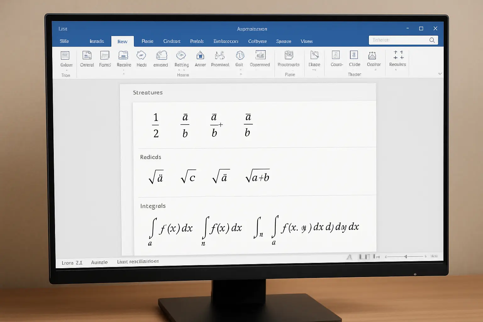 Separador Estruturas de Equação do Word aberto, mostrando frações, radicais e integrais