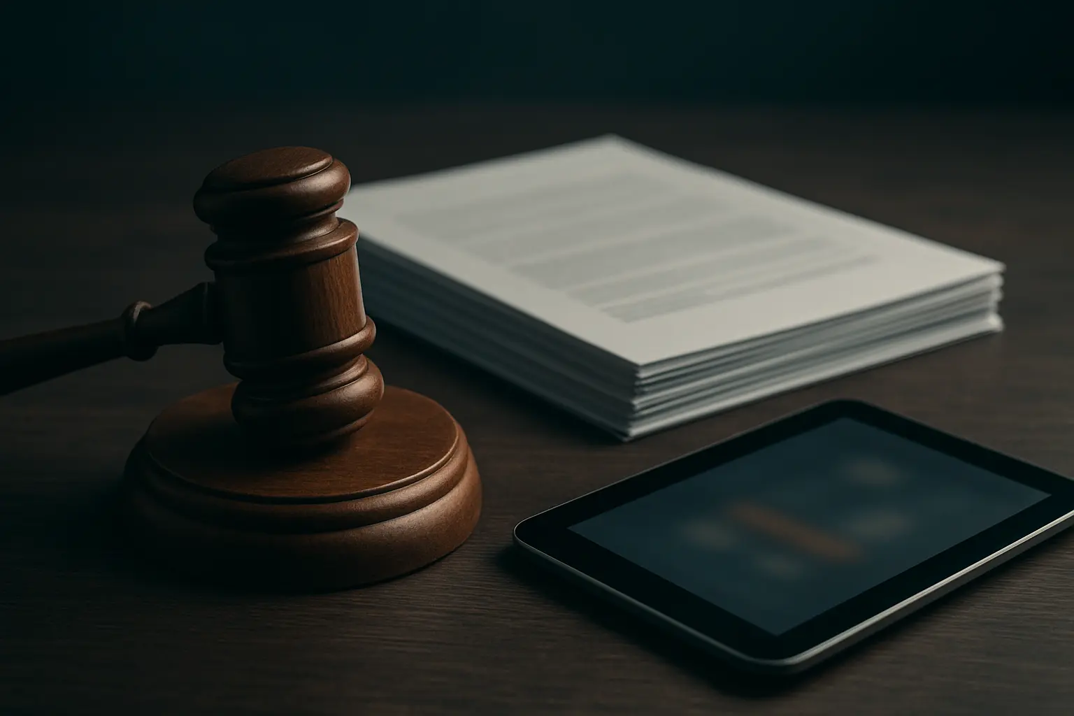 Martelo de juiz e documentos legais ao lado de um tablet numa secretária de escritório