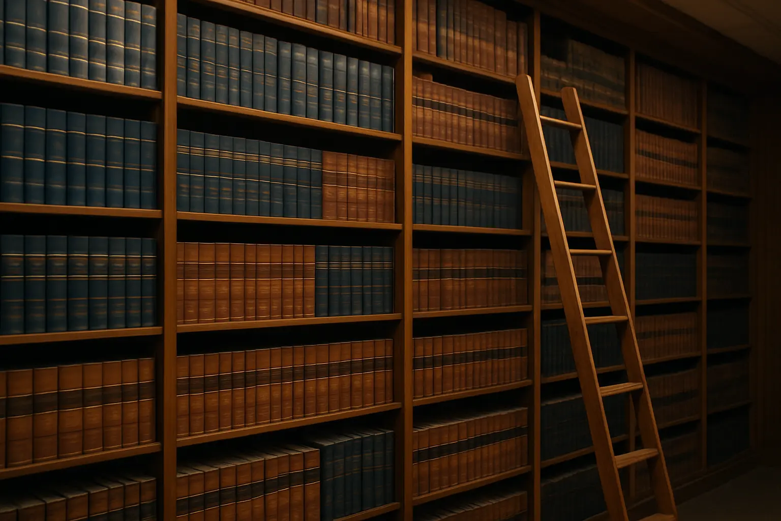 Estantes de biblioteca jurídica com volumes de doutrina e legislação