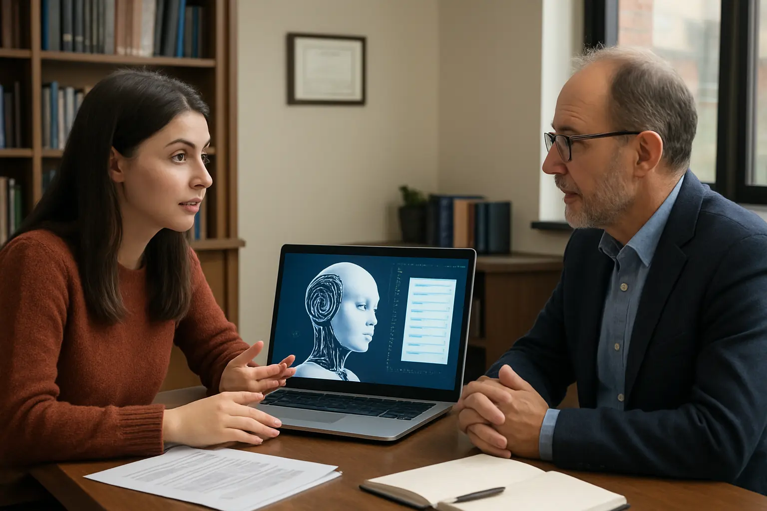 Estudante em reunião com o orientador de tese a discutir o uso de ferramentas de inteligência artificial