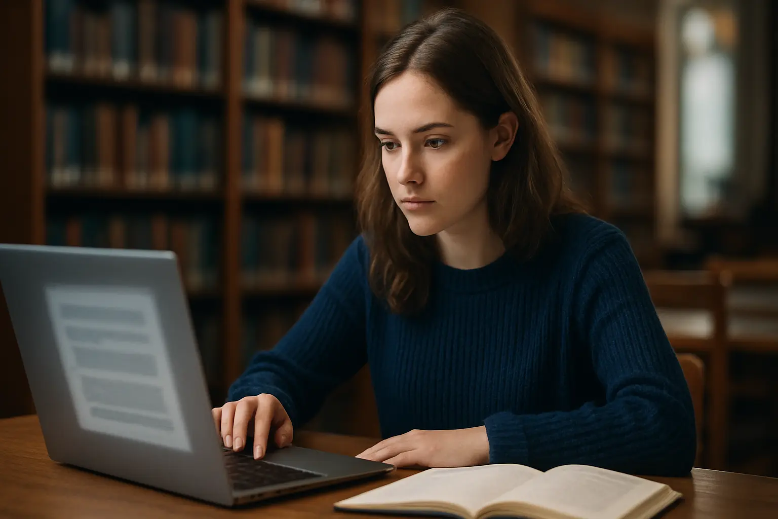 Estudante de Direito a pesquisar jurisprudência num computador numa biblioteca universitária