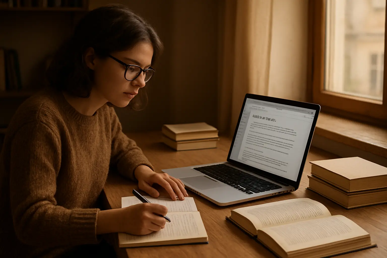 Estudante universitário a organizar fontes académicas num portátil para a tese