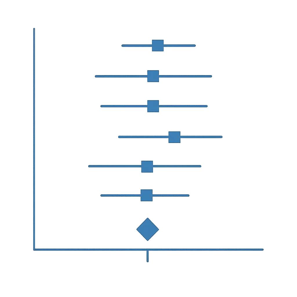 Ilustração de um forest plot típico de uma meta-análise, mostrando os intervalos de confiança de cada estudo e a estimativa combinada