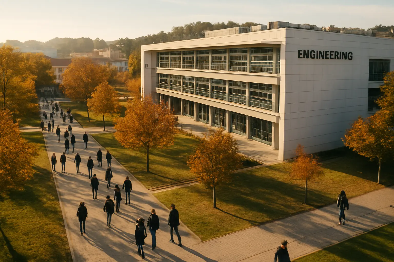 Vista aérea de um campus universitário português no início do ano letivo