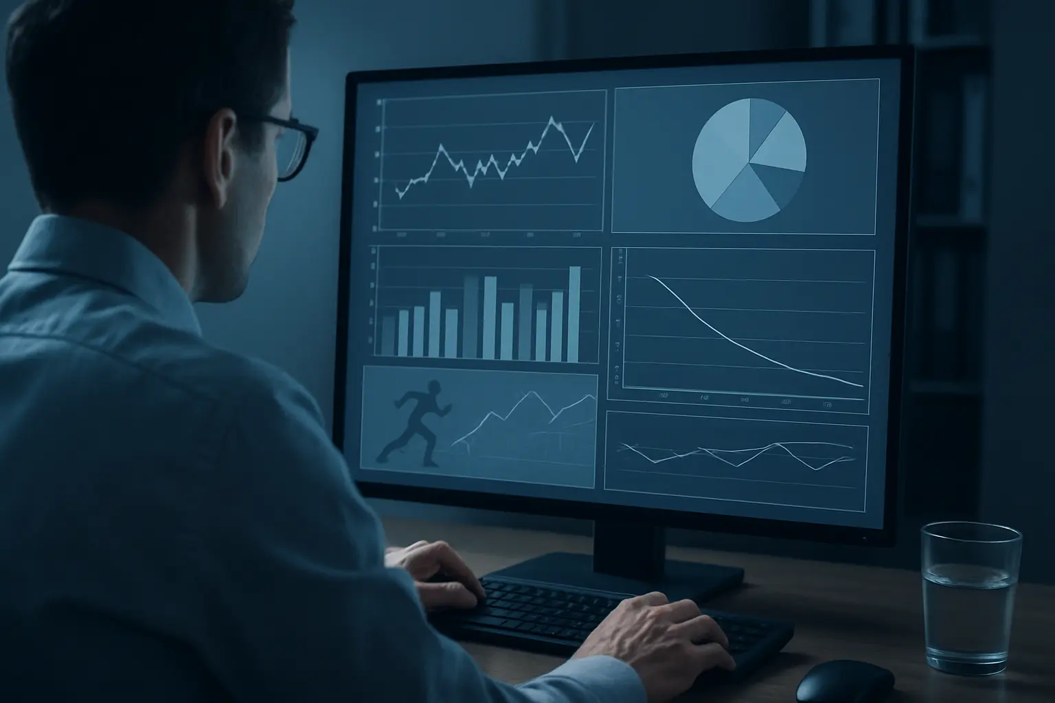 Investigador a analisar gráficos de dados de desempenho desportivo num computador
