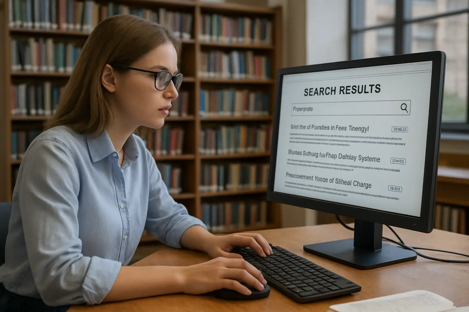 Estudante a pesquisar na Web of Science e na Scopus no computador da biblioteca universitária