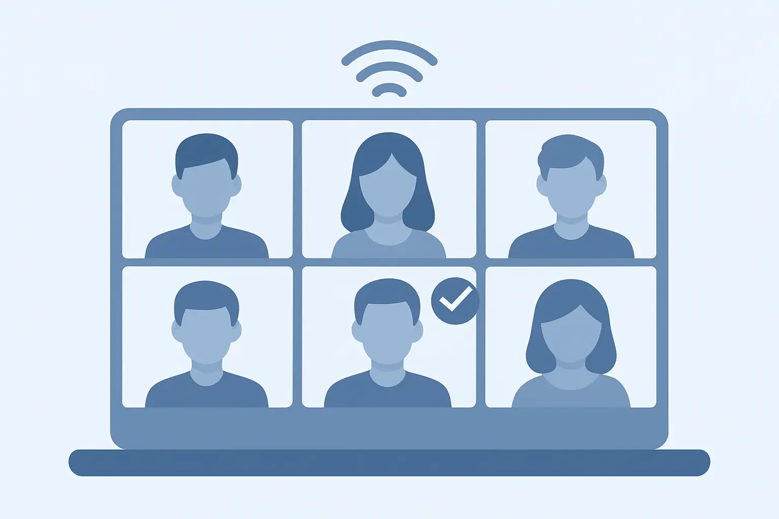 Ilustração representando uma defesa de tese com júri em configuração mista, parte presencial e parte por videoconferência
