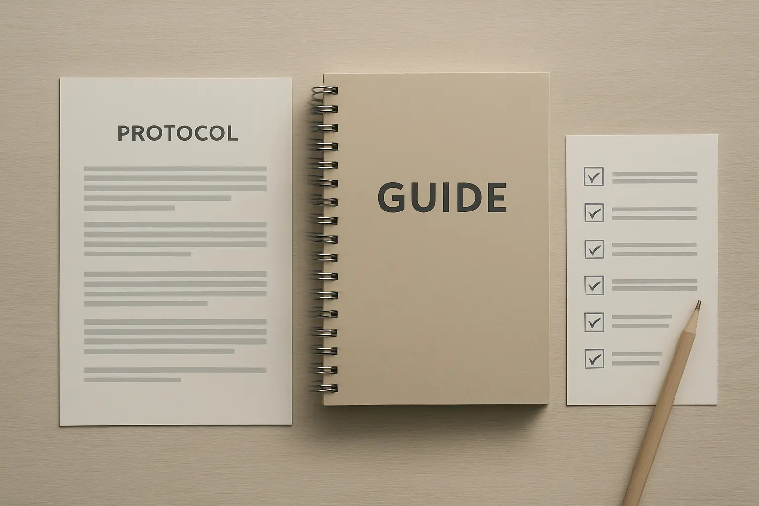 Protocolo impresso, guia encadernado e lista de criterios de validacao sobre uma mesa