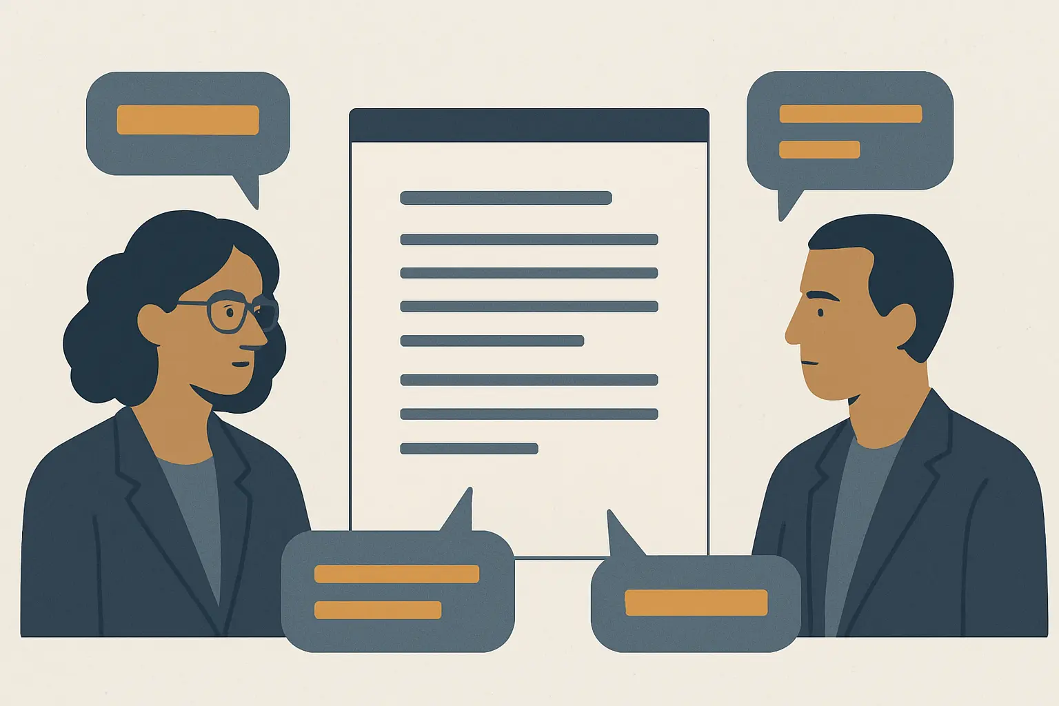 Ilustração de dois orientadores a comentar o mesmo documento de tese em simultâneo com históricos separados