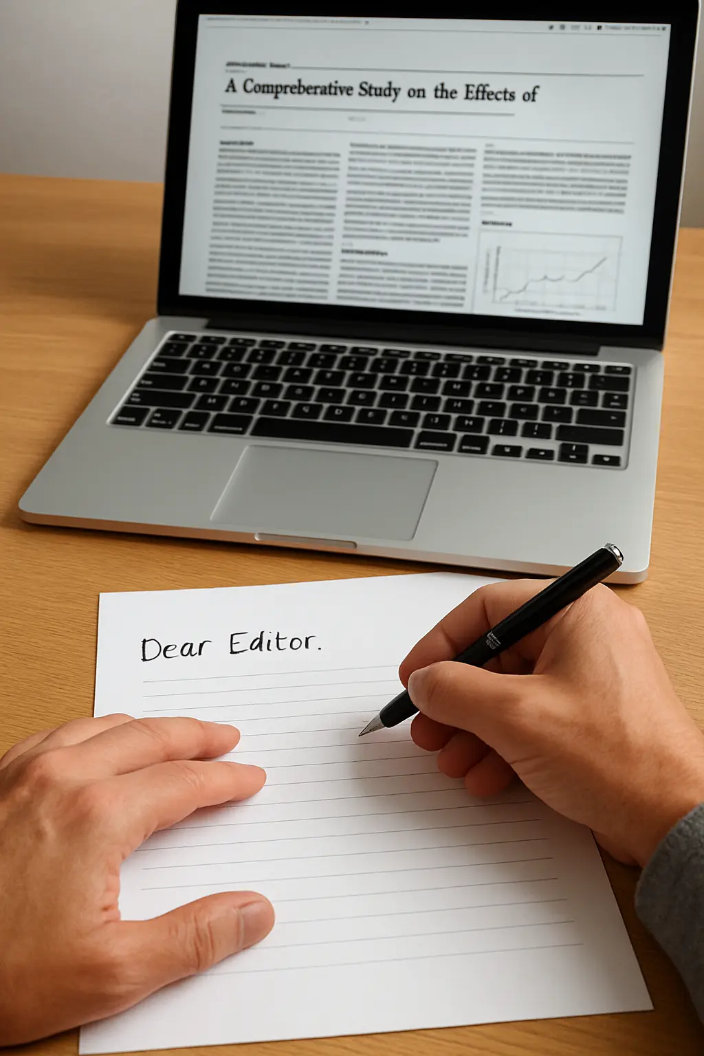 Mãos a escrever uma carta ao editor junto a um computador com um artigo científico aberto, pronto para submissão a uma revista