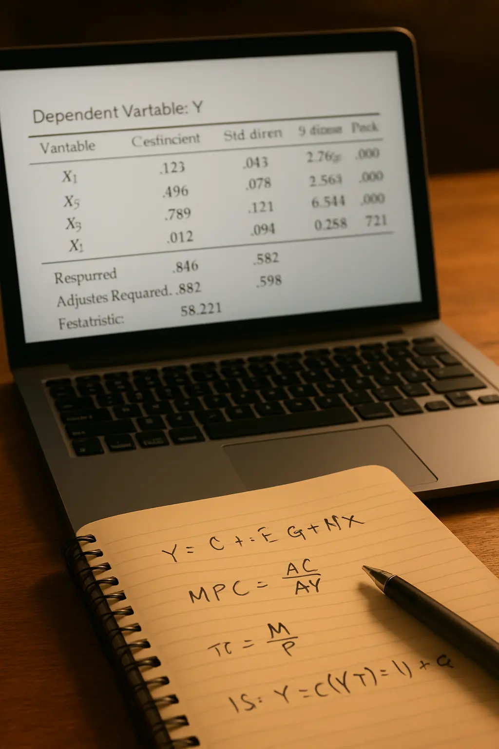 Tabela de resultados de regressão econométrica num ecrã de computador, usada na fase de análise quantitativa de uma tese de Gestão ou Economia