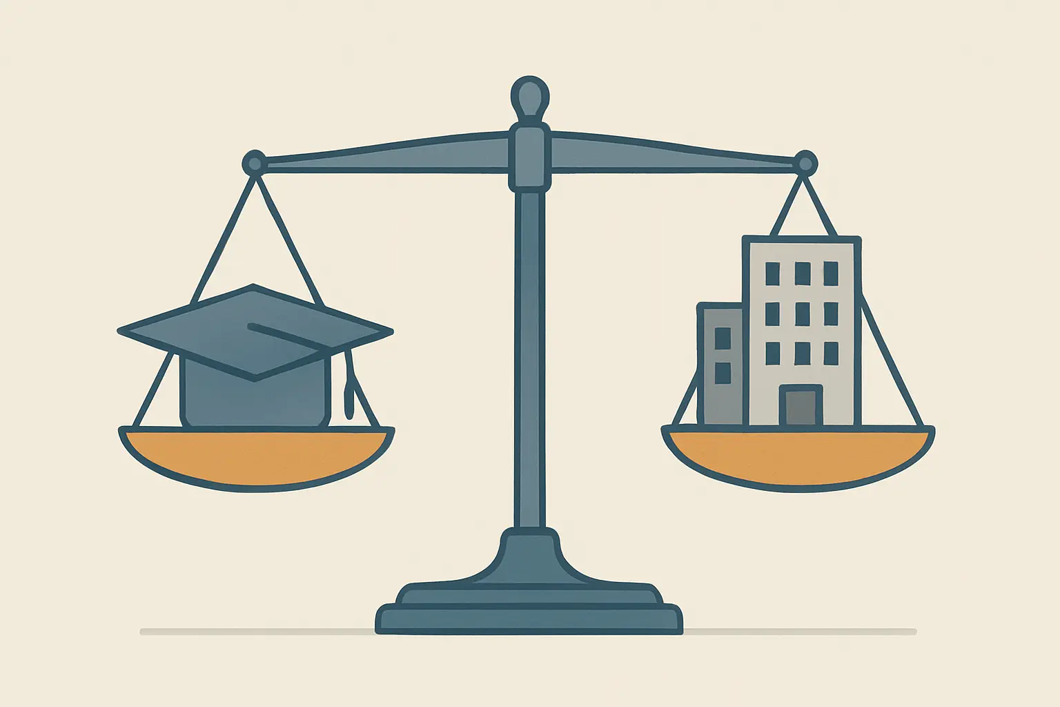 Ilustração editorial do equilíbrio entre rigor académico e interesses empresariais numa tese