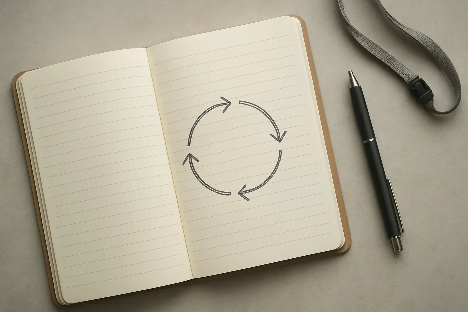 Diario reflexivo aberto com um diagrama ciclico esbocado ao lado de uma caneta