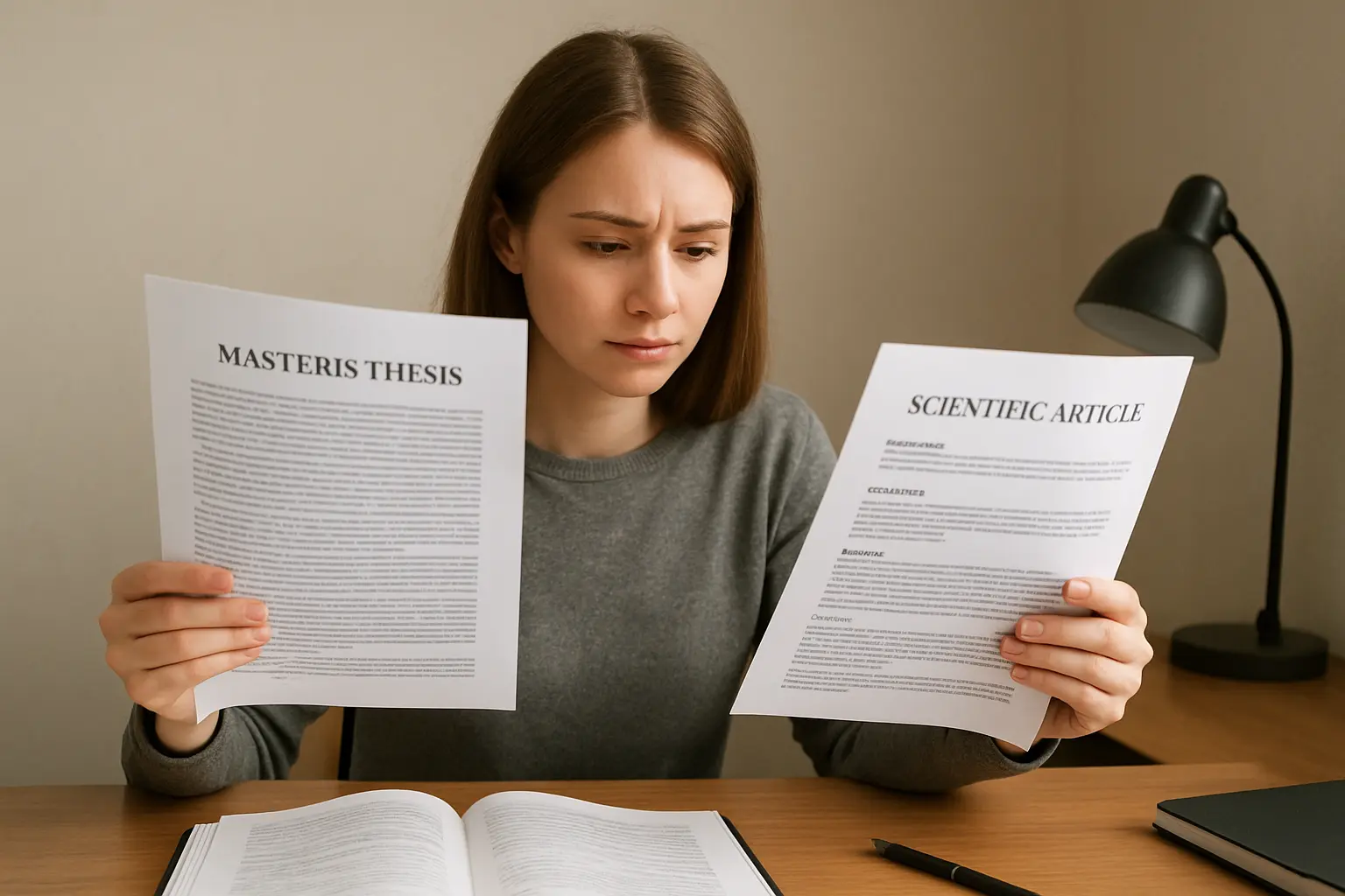 Estudante a comparar as páginas da dissertação de mestrado com o rascunho de um artigo científico mais curto sobre uma secretária