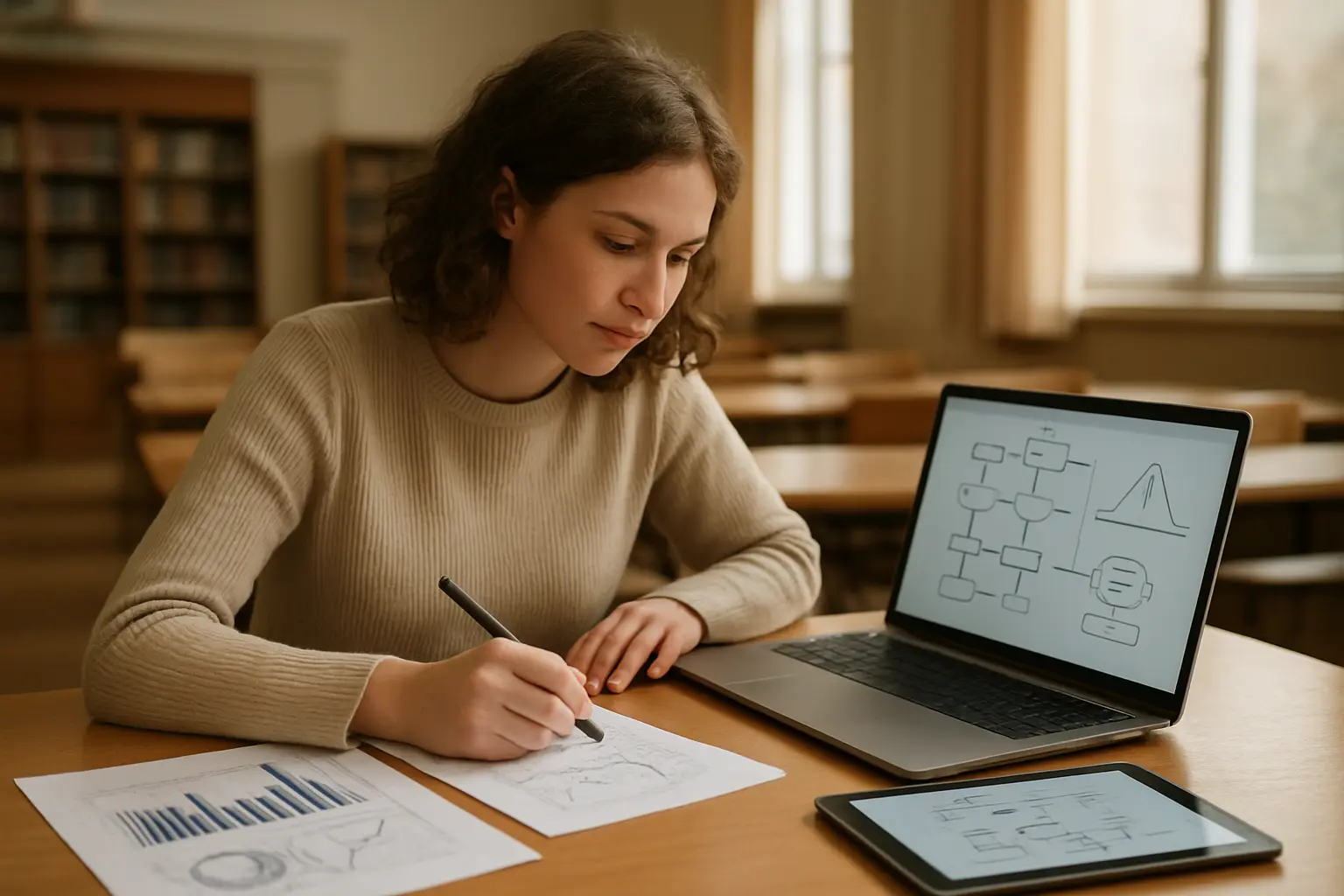 Estudante a criar figuras e diagramas científicos para a tese em computador