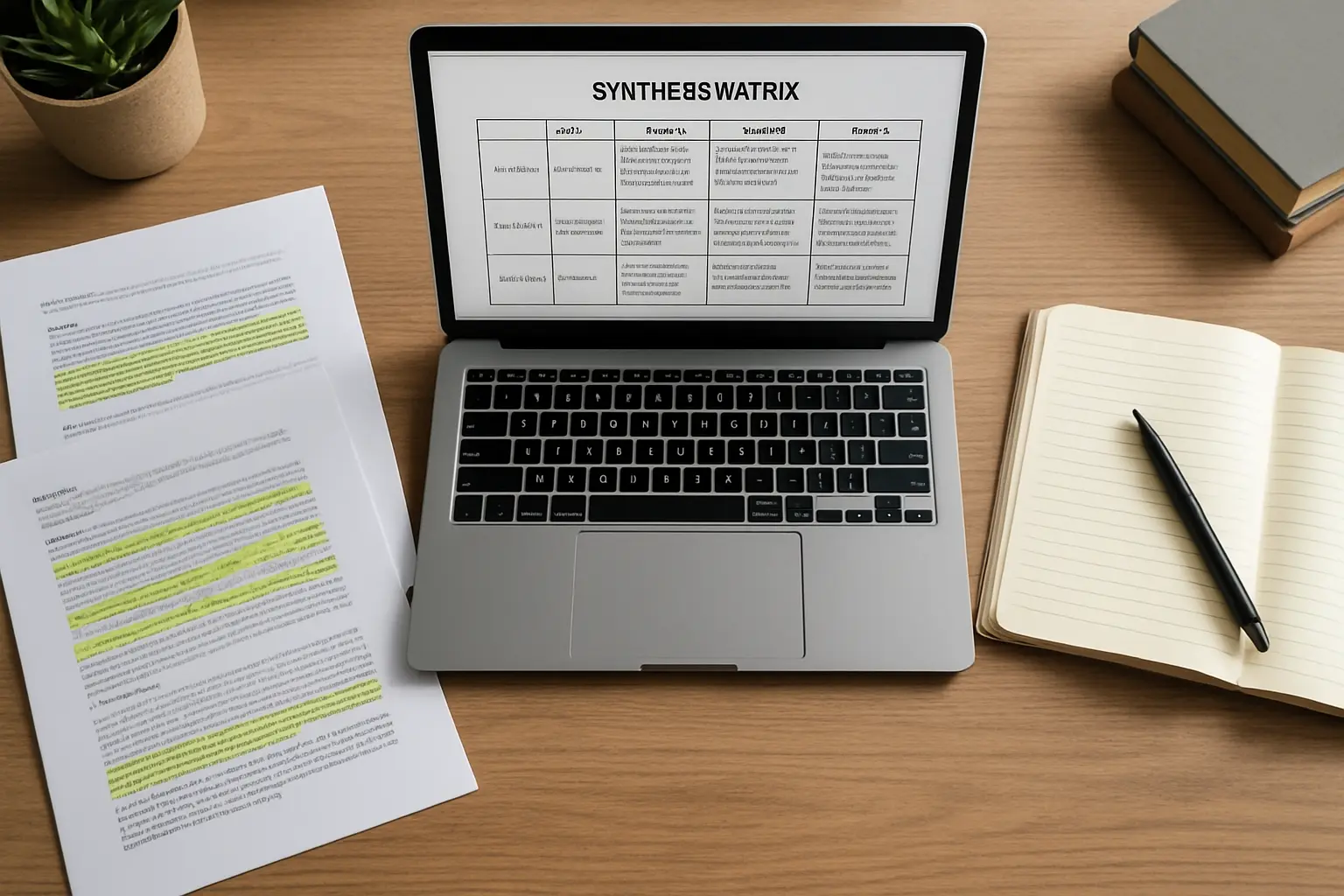 Tabela de síntese temática organizando autores, metodologia e resultados para a revisão de literatura