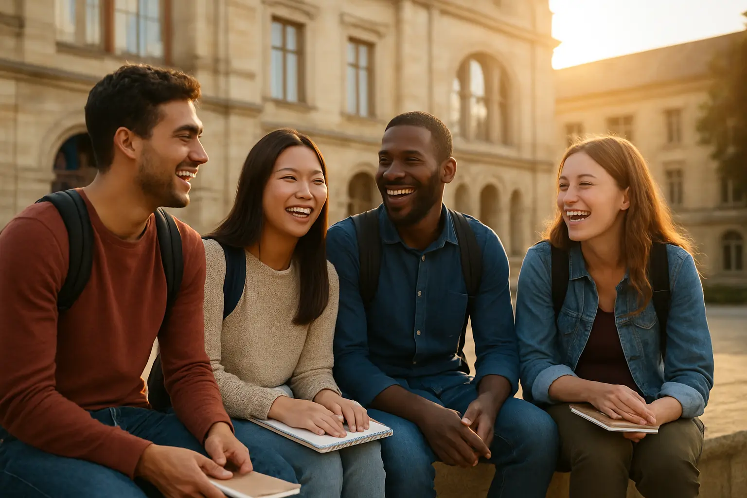 Grupo de estudantes internacionais em mobilidade Erasmus+ junto a uma universidade europeia
