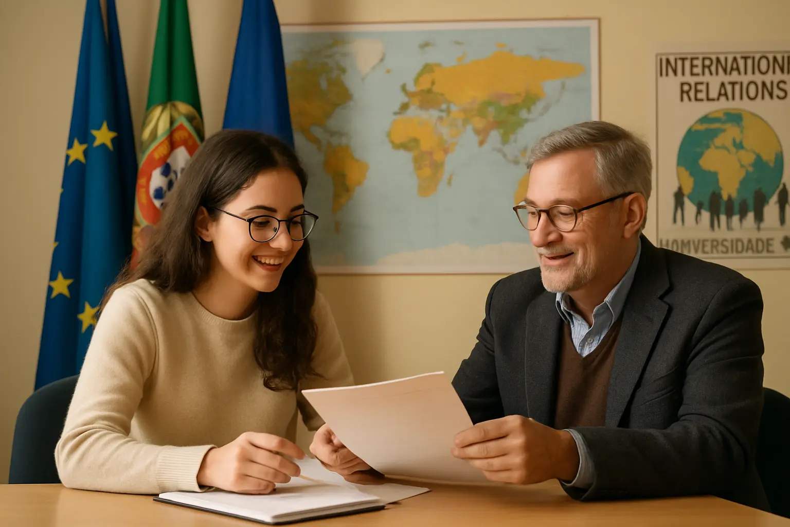 Estudante a tratar da candidatura Erasmus+ no Gabinete de Relações Internacionais da universidade