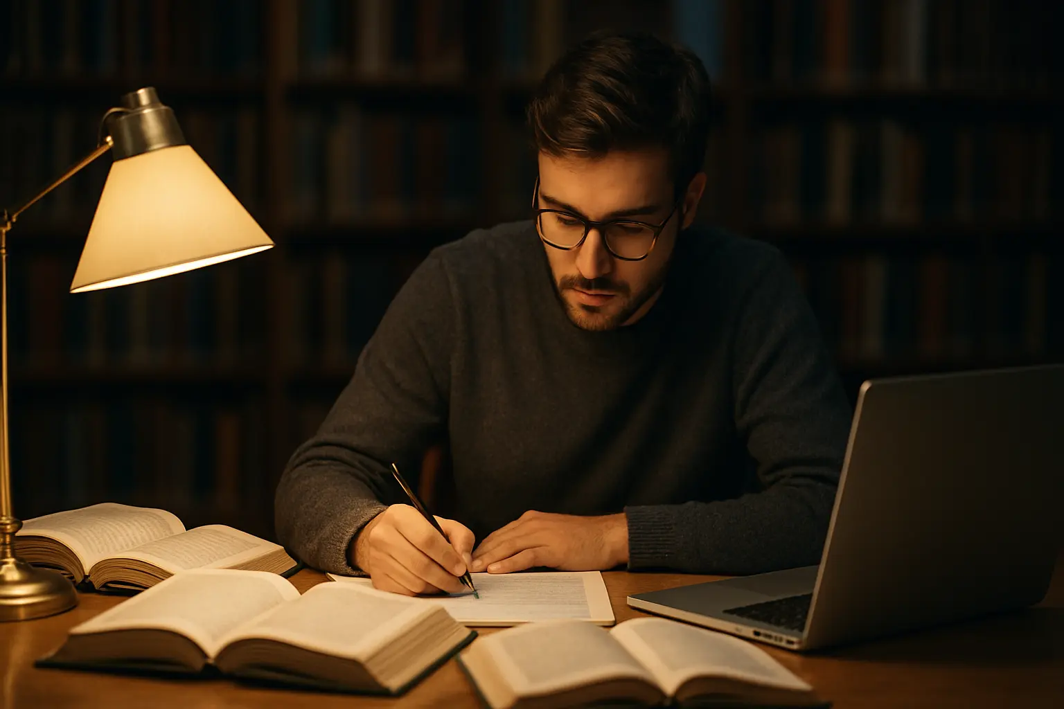Estudante de mestrado a preparar a dissertação numa biblioteca universitária