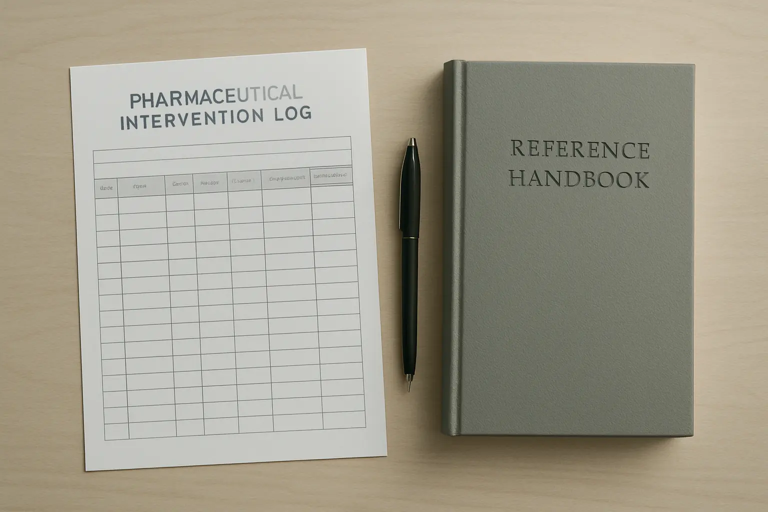 Folha de registo de intervencoes farmaceuticas ao lado de um manual de consulta