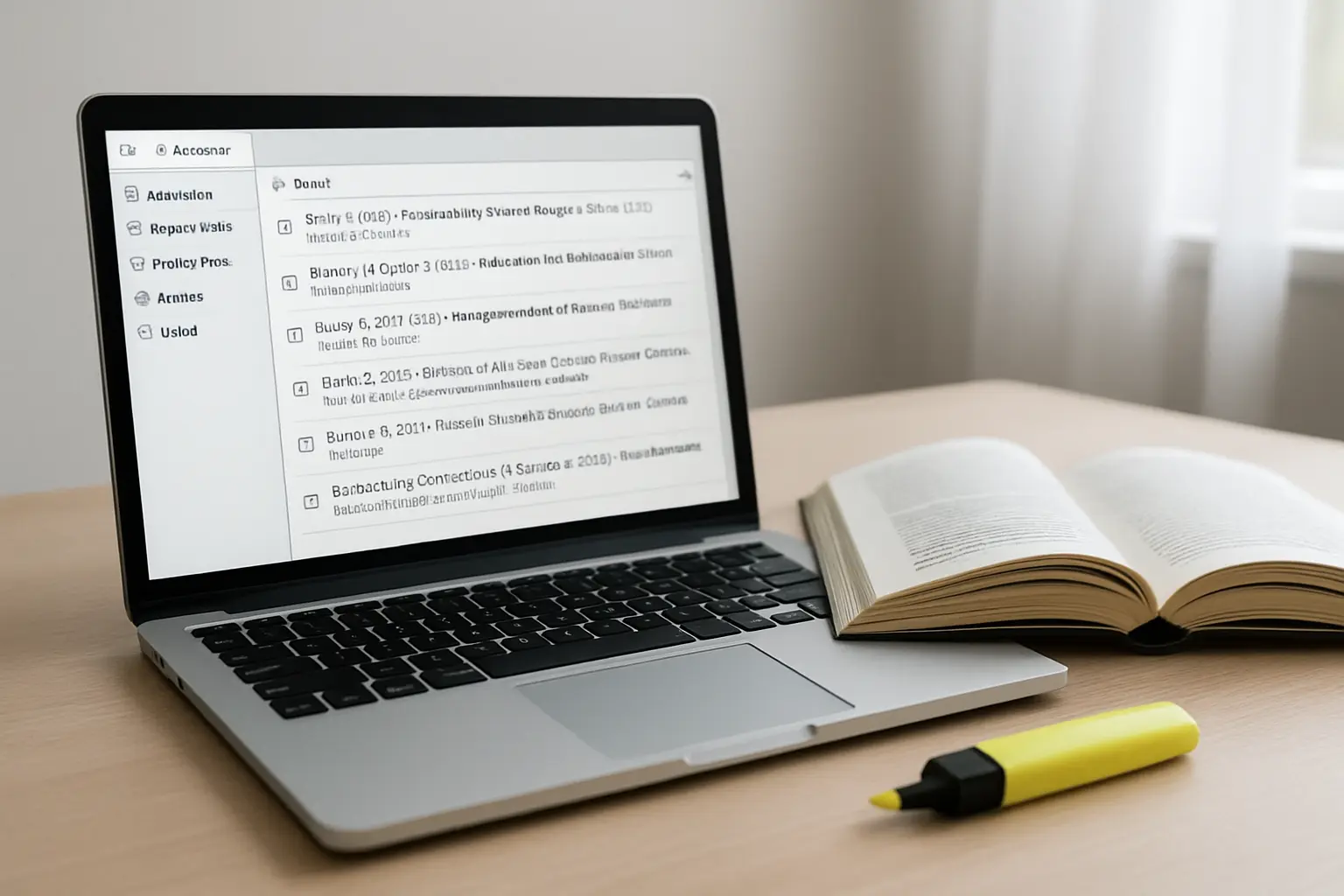 Ecrã de portátil a mostrar uma biblioteca de referências bibliográficas organizada num gestor de referências