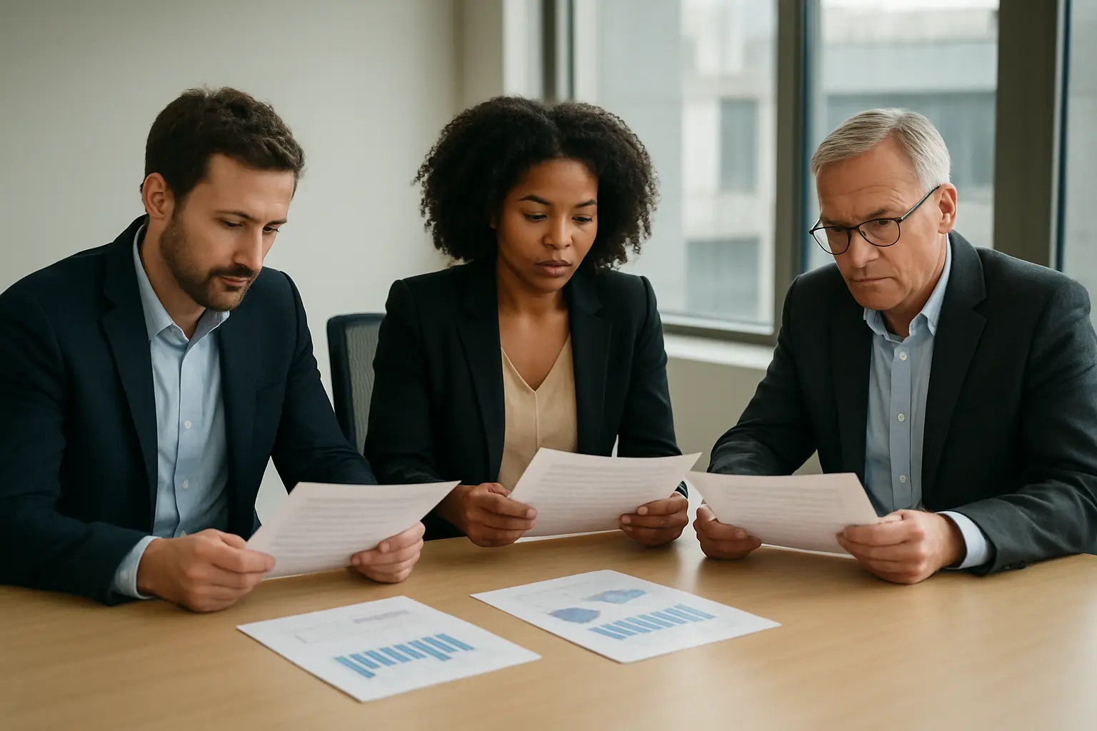 Tres profissionais a analisar relatorios impressos numa sala de reunioes