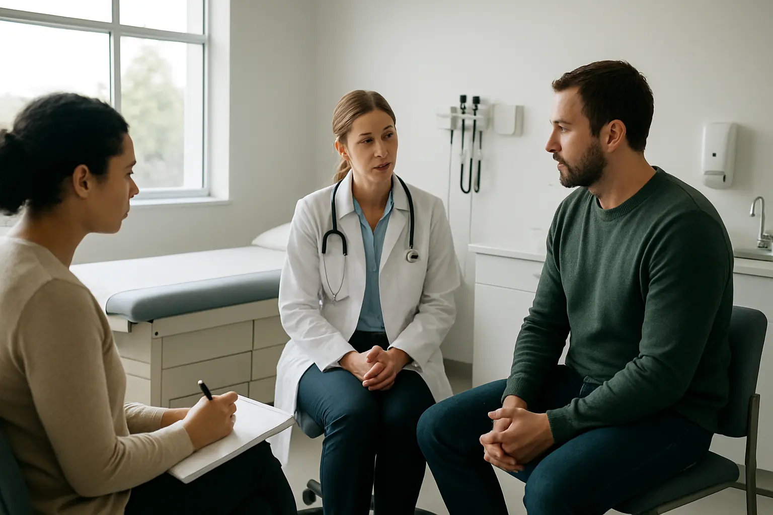 Medico a observar um doente com um membro do juri presente a tomar notas