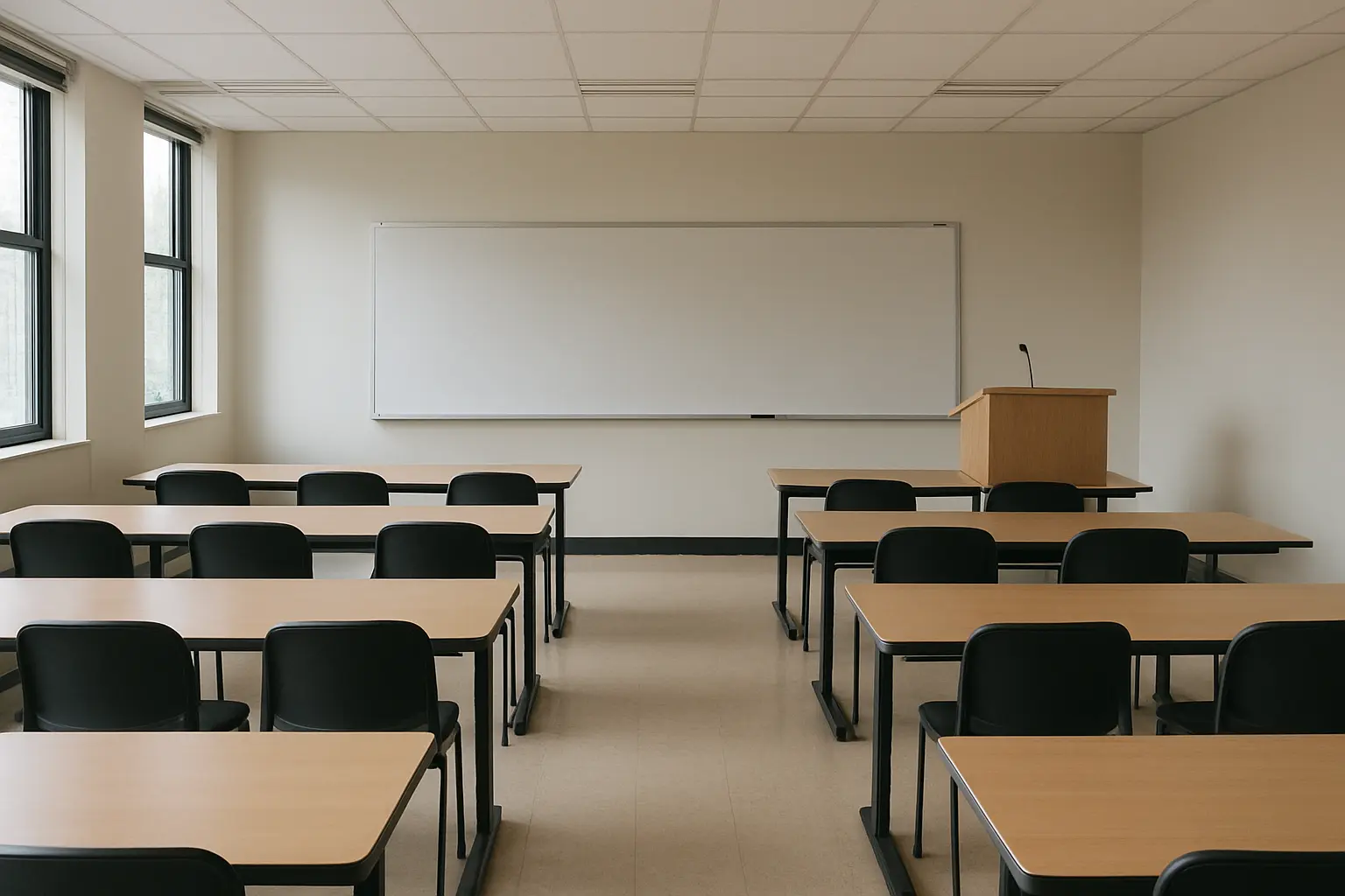 Sala de aula vazia com quadro e mesas dispostas para formacao