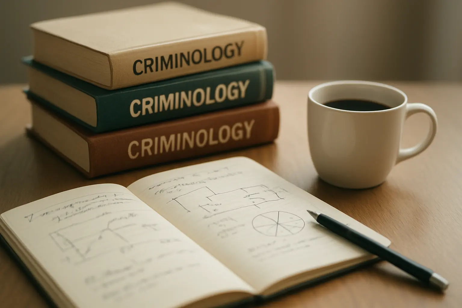 Pilha de livros de criminologia junto a um caderno de notas com diagramas manuscritos