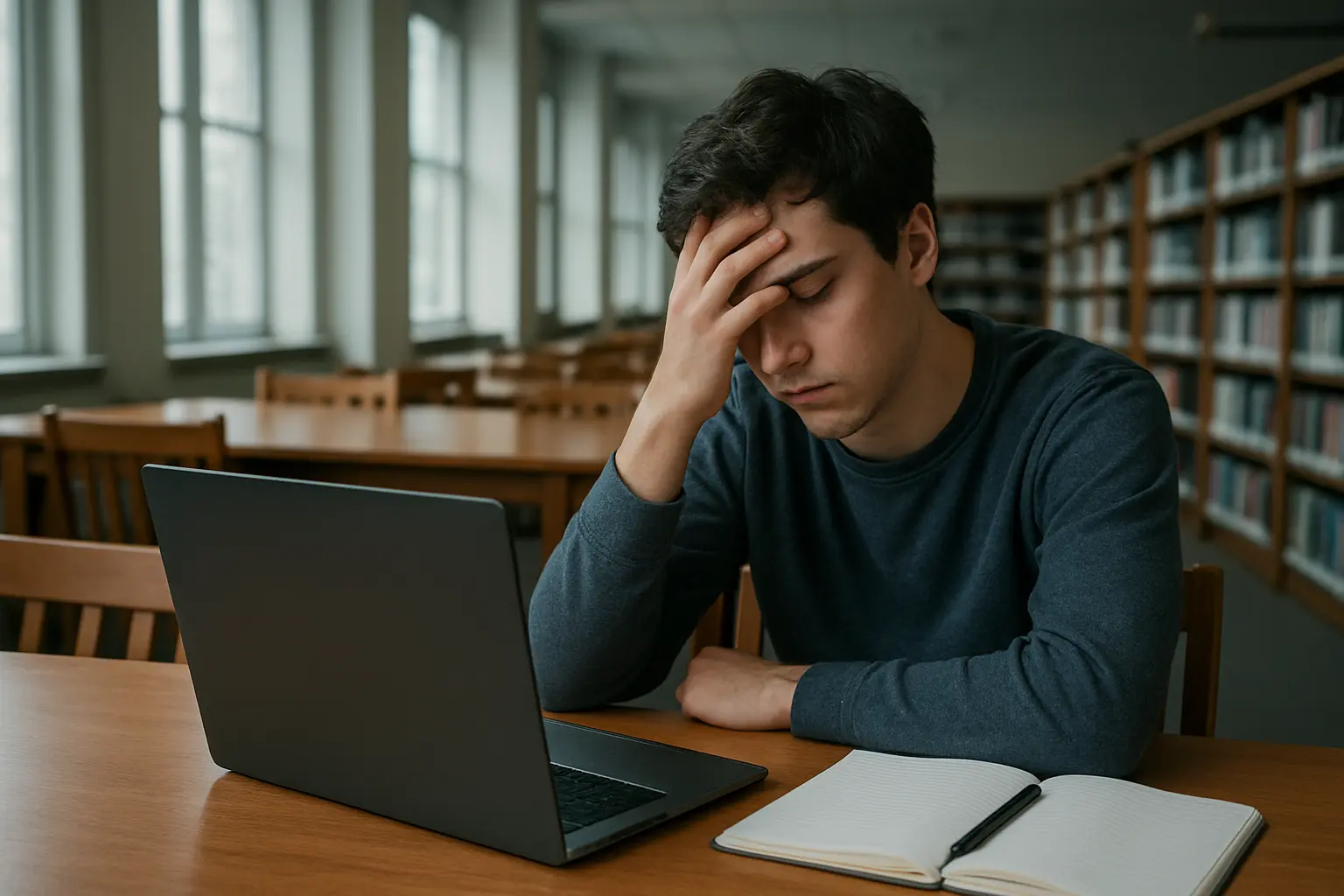Estudante a olhar para um portatil com uma pesquisa academica sem resultados