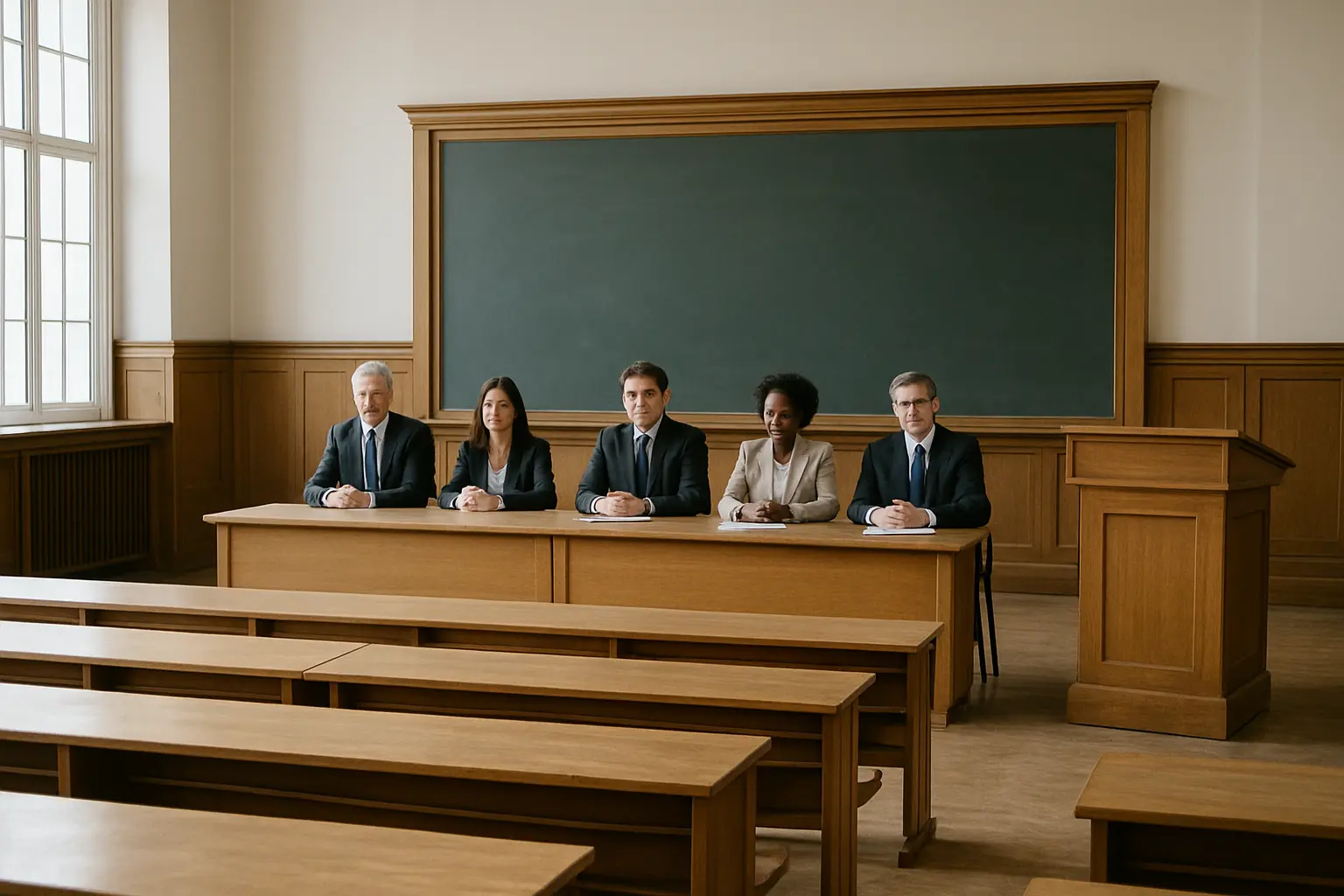 Comissao examinadora sentada a uma mesa comprida numa sala de concurso universitario