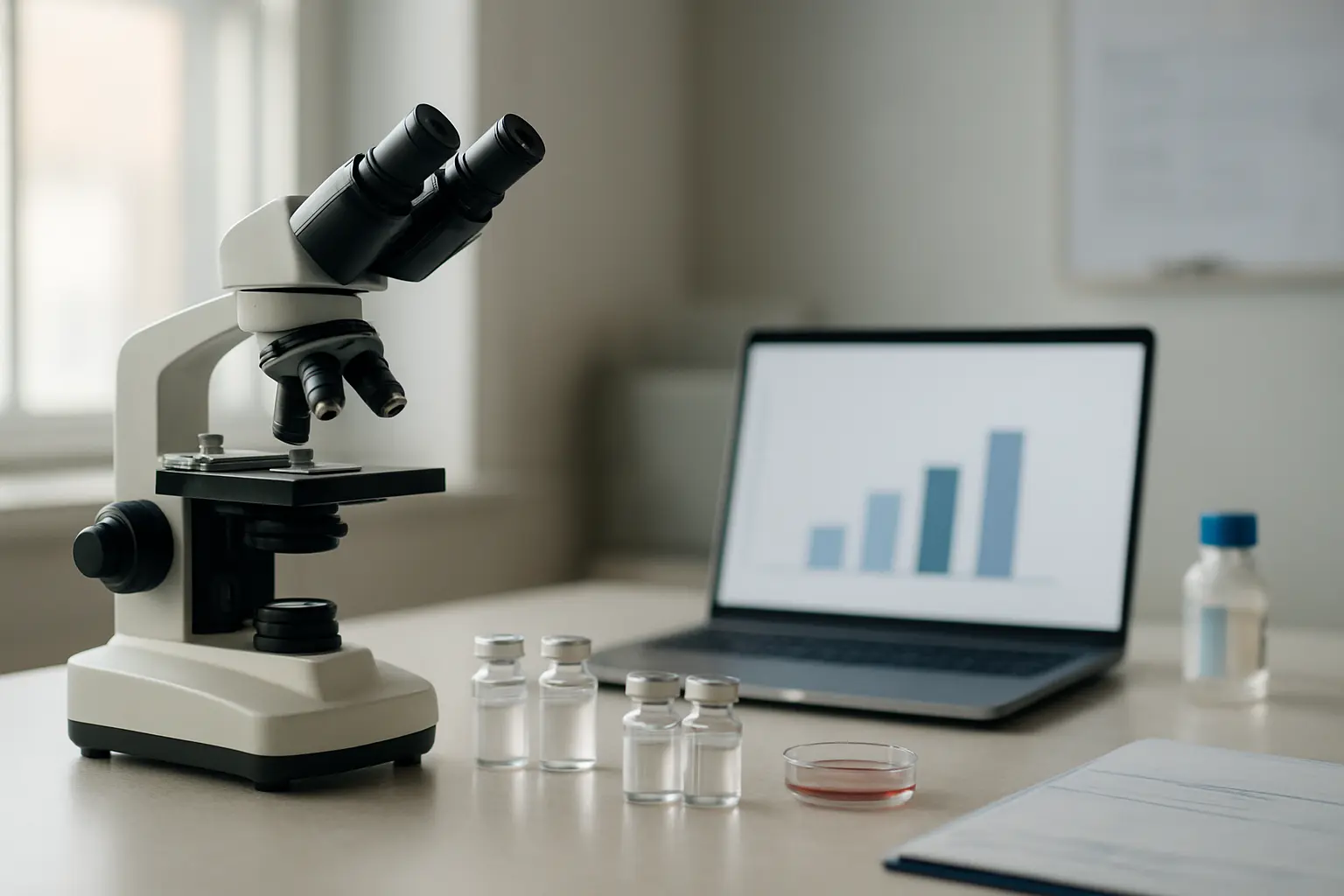 Espaço de laboratório clínico veterinário com microscópio, frascos de amostra e um portátil com um gráfico
