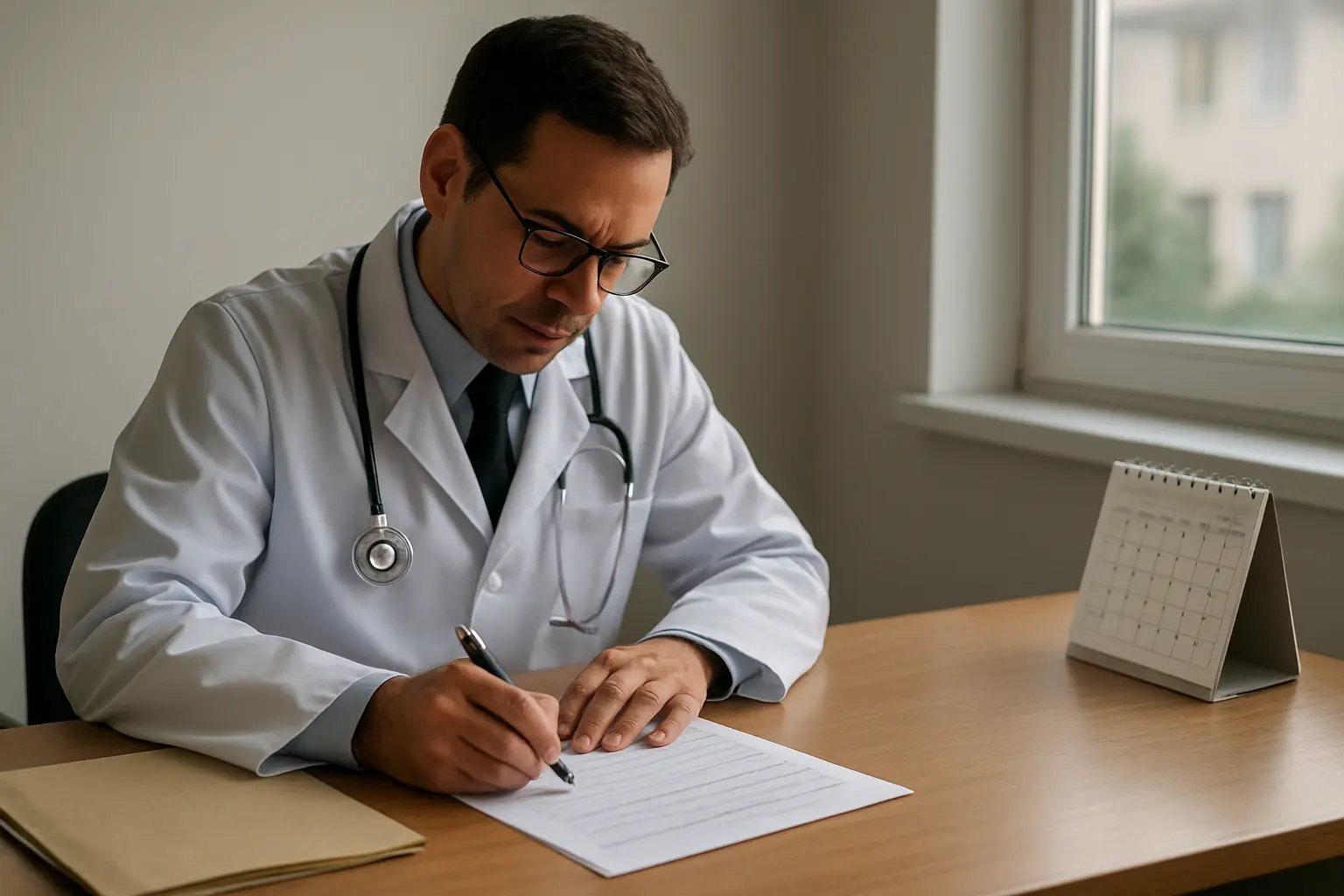 Medico a preencher um requerimento de formacao externa numa secretaria hospitalar