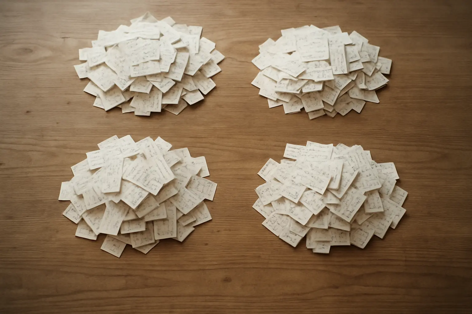 Tiras de papel manuscritas separadas em quatro montes distintos sobre uma mesa de madeira