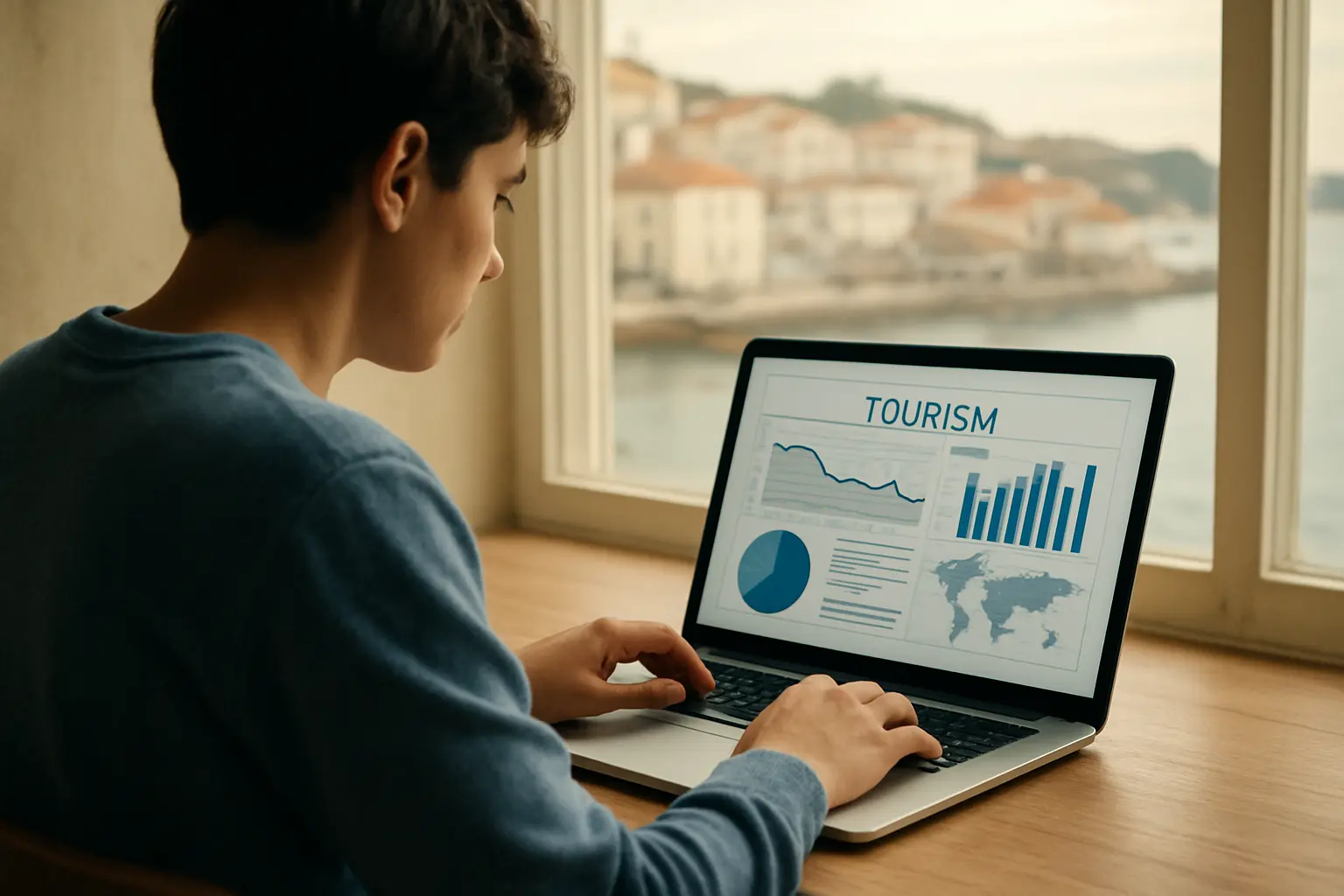 Estudante a consultar dados estatísticos de turismo para a tese