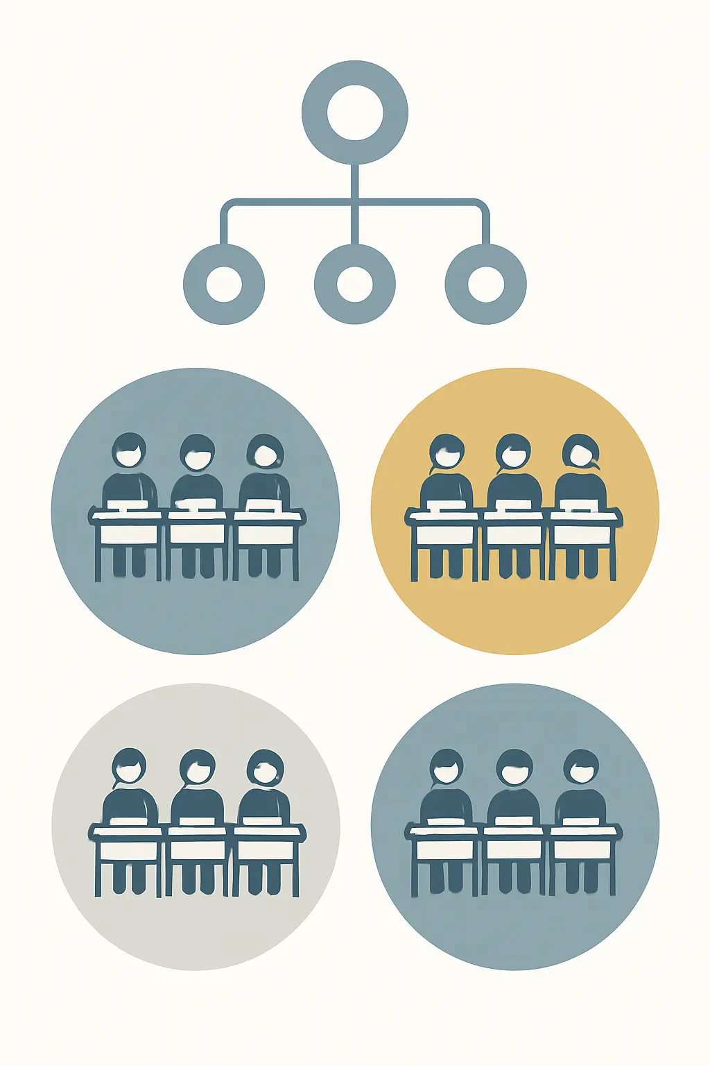 Quatro turmas desenhadas como grupos de alunos dentro de círculos, ilustrando dados aninhados