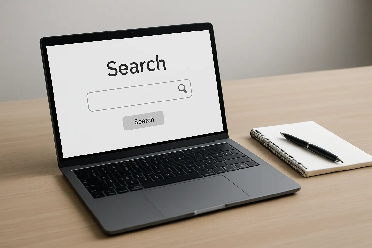 Ecra de portatil com um formulario de pesquisa aberto e um bloco de notas ao lado