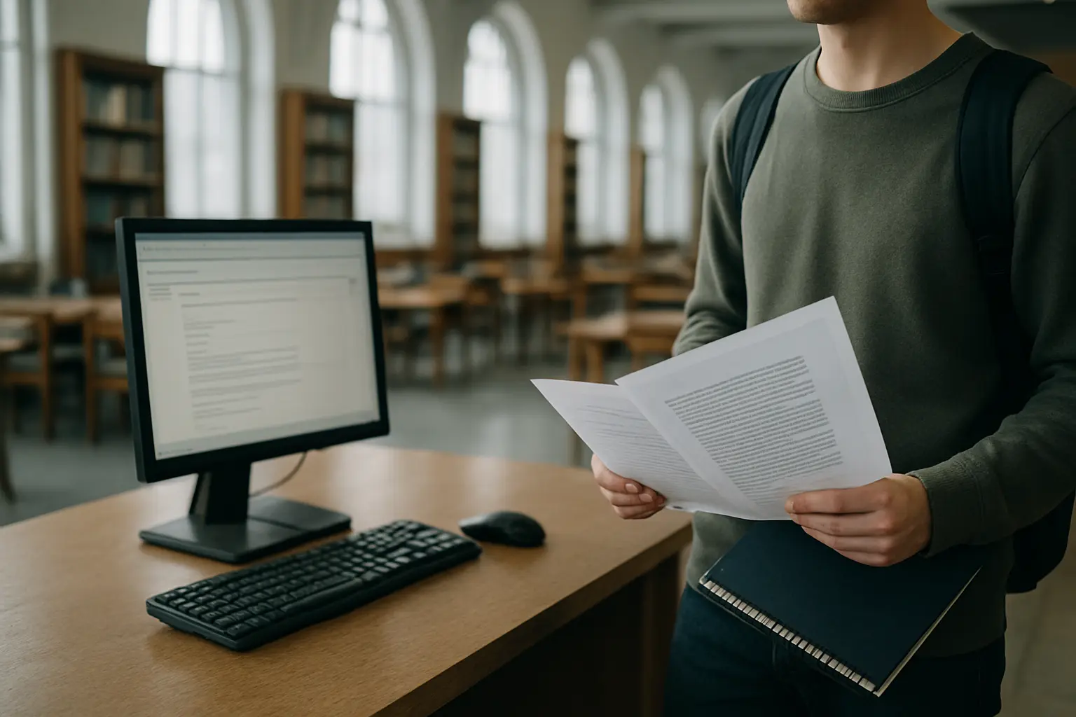 Balcão de apoio de uma biblioteca universitária portuguesa com estudante e computador