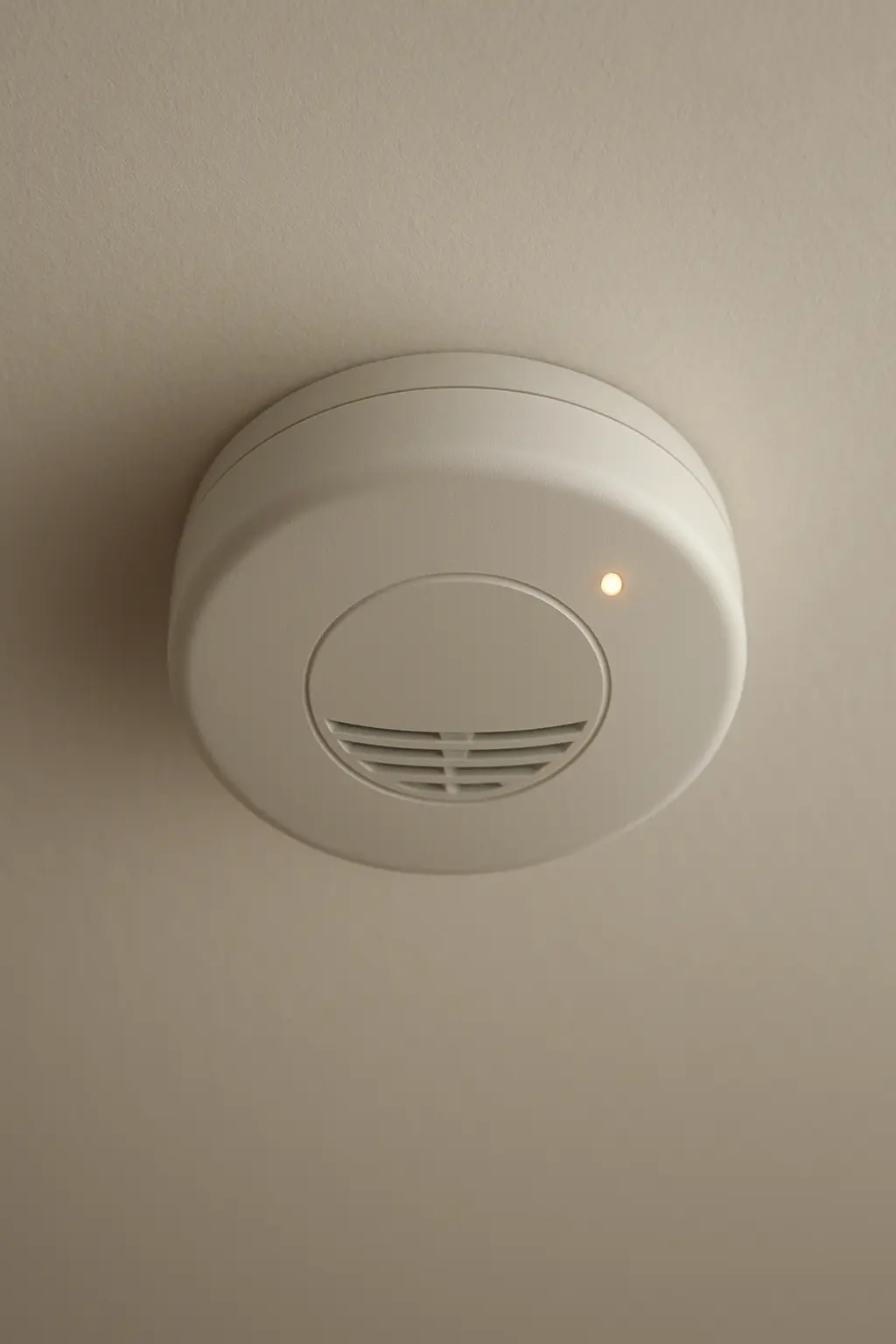 Detetor de fumo branco no teto com a luz indicadora acesa