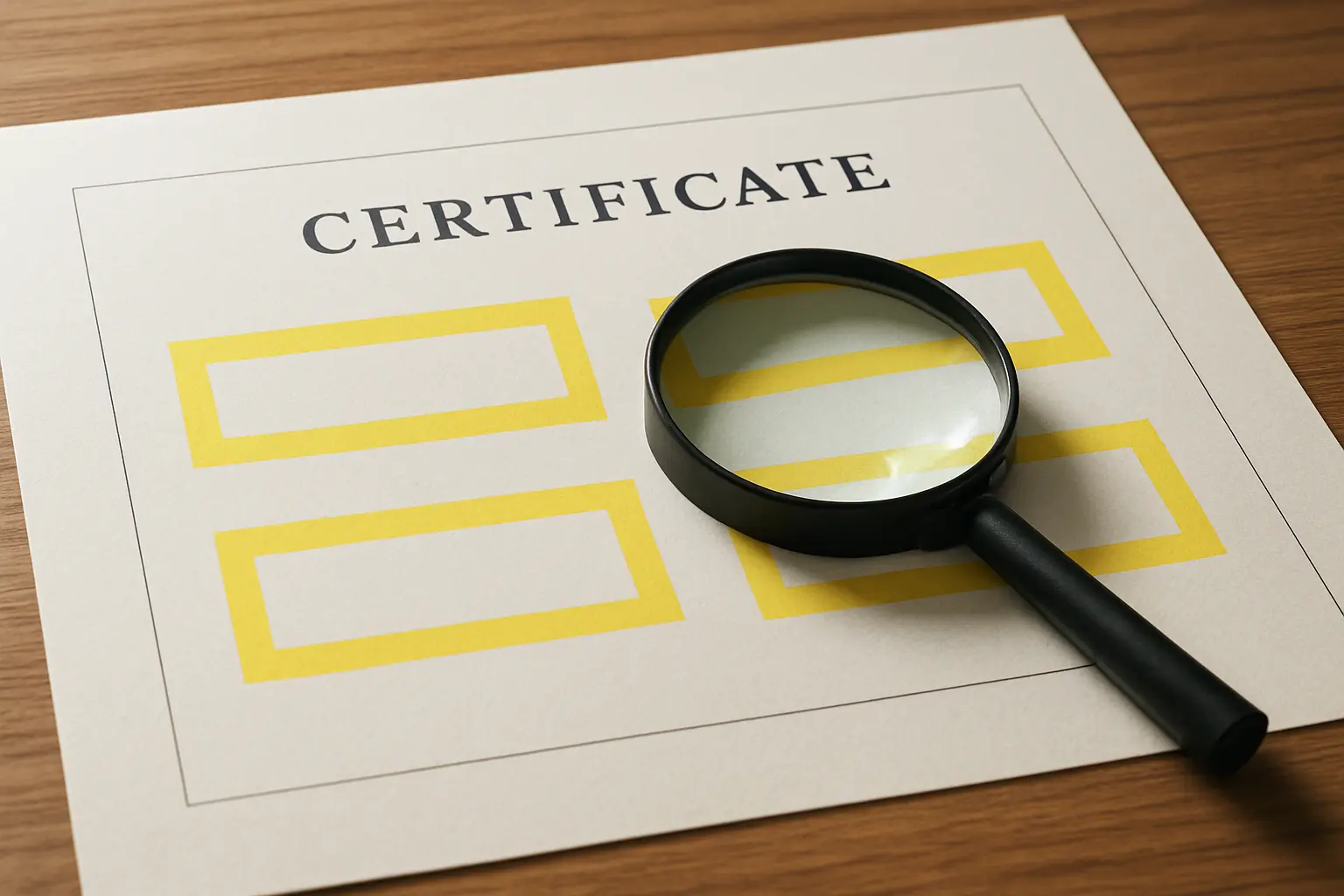 Certificado impresso com varios campos assinalados a marcador