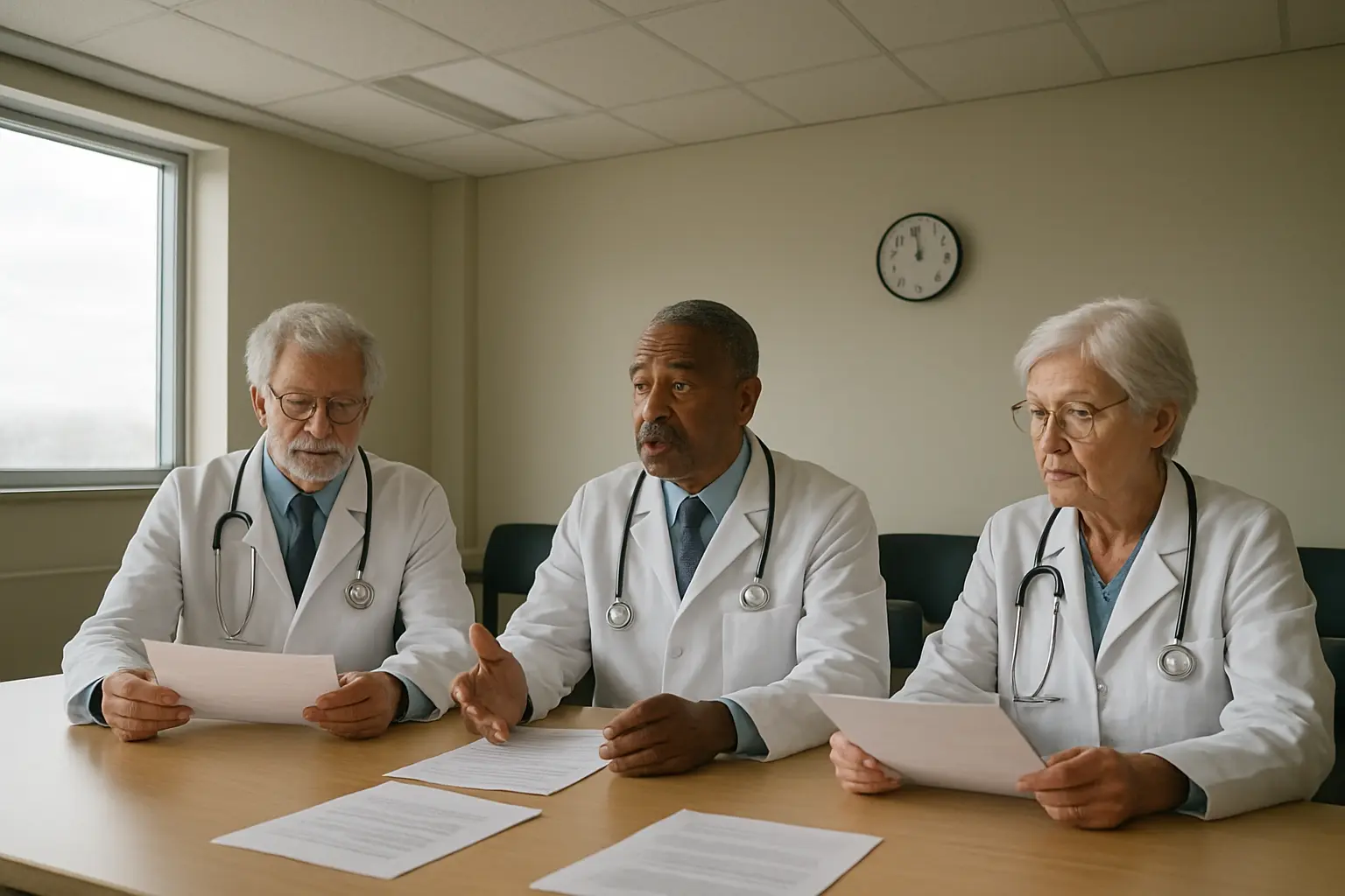 Júri de três médicos a analisar documentos numa sala de reuniões hospitalar
